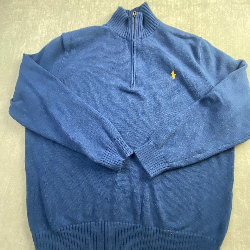 Polo Ralph Lauren Mens XL Blue Cotton Quarter Zip Pullover Sweater‎ Yellow Pony